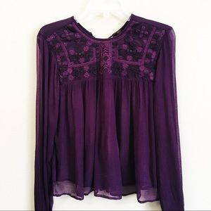 Free People Retro Femme Purple Beaded Embroidered Sheer Blouse XS NWT